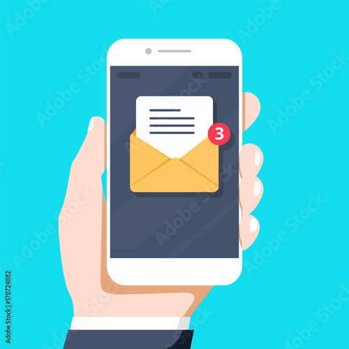 Flash Design style hand holding the smartphone with e-mail application on screen ,vector design