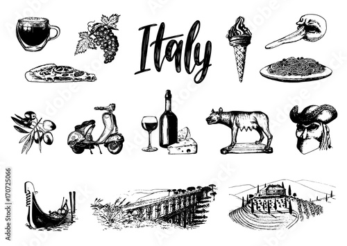 Italian set of sketches. Hand drawn illustrations of Italy travel symbols. Vector touristic signs of vacations.