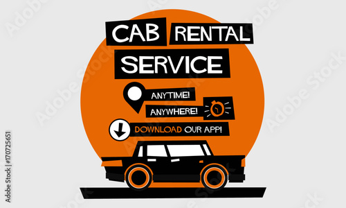 Cab Rental Service Anytime Anywhere Template With Text Box and App Download Details (Flat Style Vector Illustration Poster Design)
