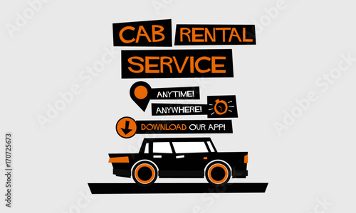 Cab Rental Service Anytime Anywhere Template With Text Box and App Download Details (Flat Style Vector Illustration Poster Design)