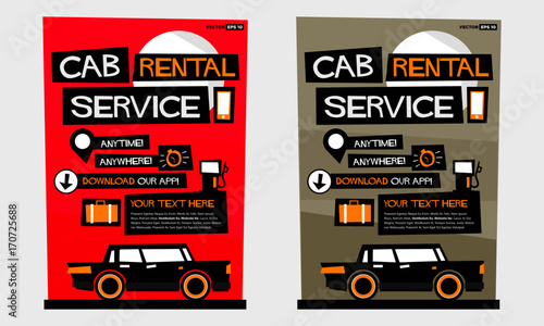 Cab Rental Service Anytime Anywhere Template With Text Box and App Download Details (Flat Style Vector Illustration Poster Design)