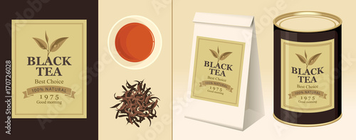 Vector banner and label for black tea with the image of a tea leaf on the twig and the inscription. Tea Cup, pinch of welding, 3D paper pack and a tin can of tea with this label