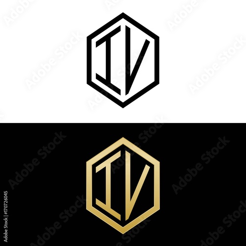 initial letters logo iv black and gold monogram hexagon shape vector