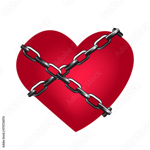 Red heart wrapped in chains.  Love concept. Vector illustration.