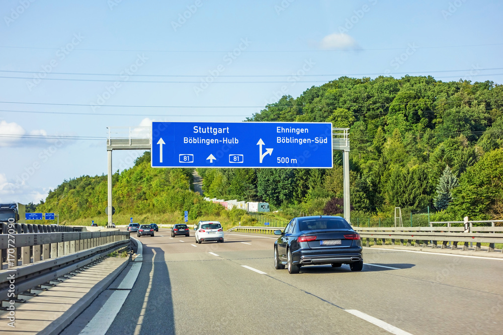 freeway road sign on Autobahn A81, Ehningen / Boblingen-Hulb