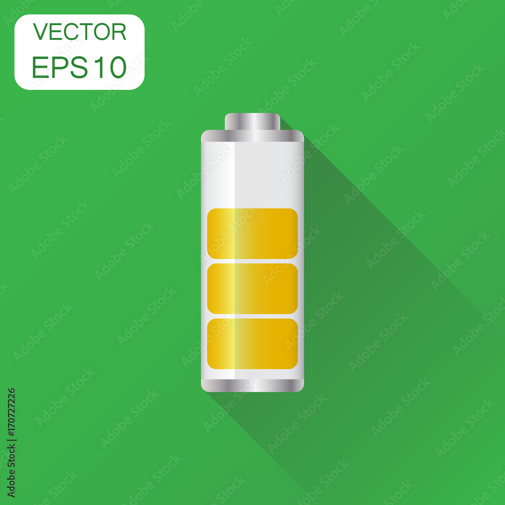 Battery charge level indicator icon. Business concept battery pictogram. Vector illustration on green background with long shadow. Battery charge level indicator icon. Business concept battery pictogram. Vector illustration on green background with long shadow.