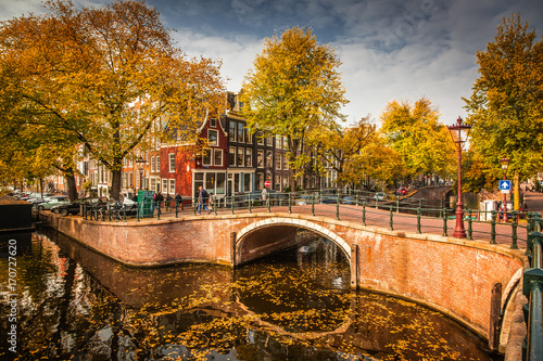 beautiful canals in Amsterdam in autum, Holland