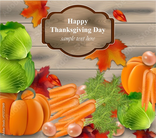 Autumn vegetables harvest on wood background. Vector realistic