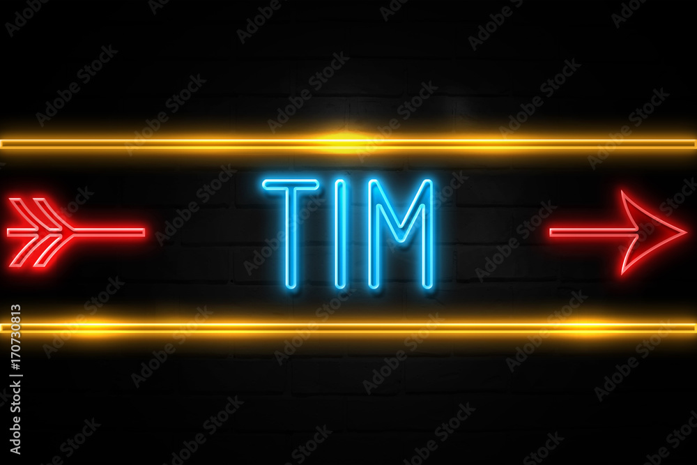 Tim - fluorescent Neon Sign on brickwall Front view Tim - fluorescent Neon Sign on brickwall Front view