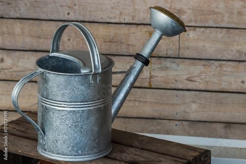 Watering can and garden plants with the wooden background