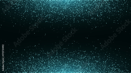Blue glowing dust on a black horizontal background. Backlight from below and from above. Template for the project. Sparkle dots, round tinsel elements celebration backdrop graphic design. Vector