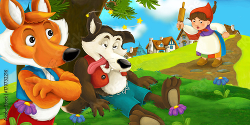 Fototapeta Naklejka Na Ścianę i Meble -  cartoon scene with a happy fox looking at sick or beaten wolf lying under the tree