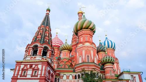 Timelapse and zoom out Saint Basil's Cathedral side view with cloud movement in the evening, The Cathedral of Vasily the Blessed s a church in the Red Square in Moscow, Russia.