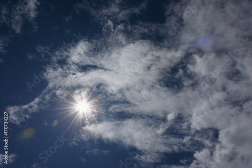 太陽と青空と雲「空想・雲のモンスターたち（太陽を横切るモンスターたち）」横切る、残暑、未来、紫外線などのイメージ