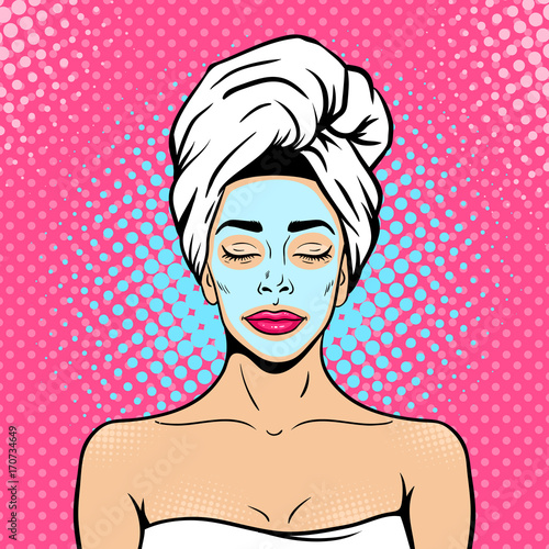Pop art female face. Sexy young woman with closed eyes in bath towel with cosmetic mask on her face smiling and relaxing. Vector bright background in pop art retro comic style.