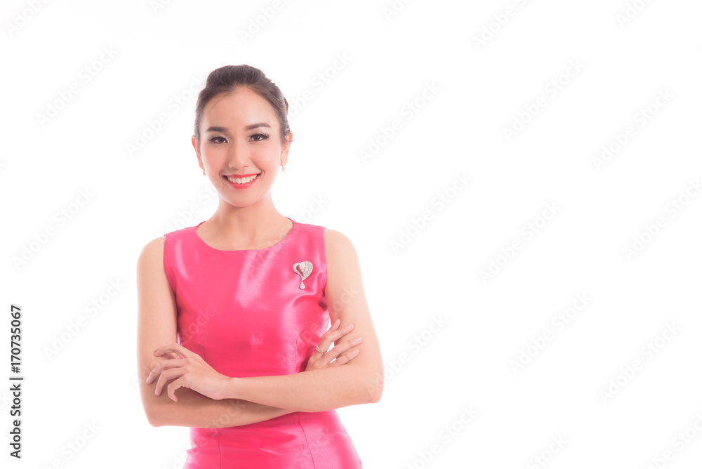 Portrait of young beautiful attractive asian women smiling and cross arm isolated on white in studio. Portrait of young beautiful attractive asian women smiling and cross arm isolated on white in studio.