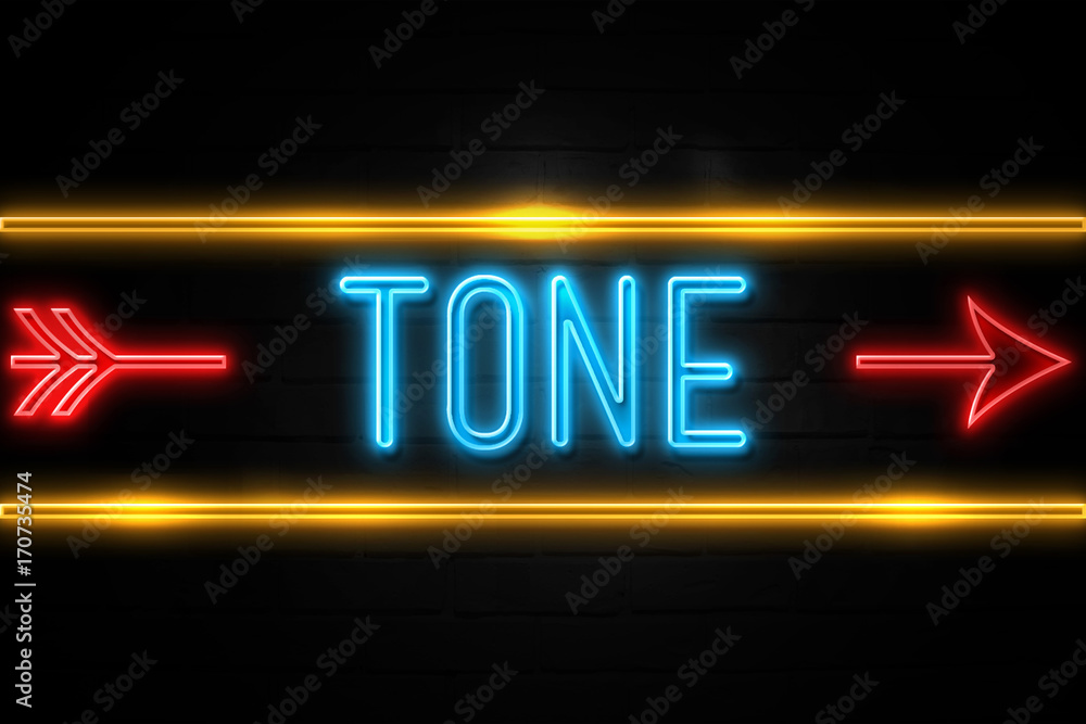 Tone  - fluorescent Neon Sign on brickwall Front view