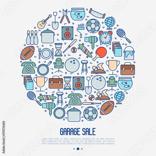 Garage sale or flea market concept in circle. Thin line vector illustration for banner, web page, print media.