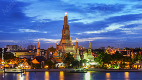 BANGKOK, THAILAND - AUGUST 25, 2017: Main pagoda of Temple of Dawn or Wat Arun after renovation at twilight. Located on the west side of Chao Praya River