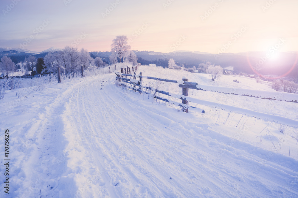 Winter mountain snowy rural sunrise landscape