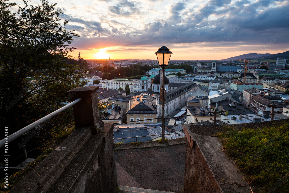 Salzburg old city sunset panorama