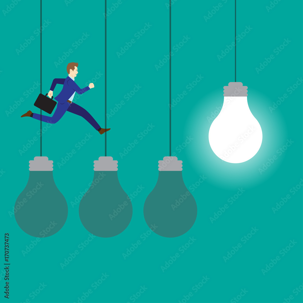 Businessman Jumping On Three Dark Light Bulbs Businessman Jumping On Three Dark Light Bulbs