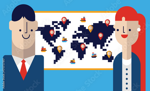 Businessman and Businesswoman Look at a Map with Global Positioning System dots all over it to Asses Worldwide Logistics of Item Distributions on the Economy