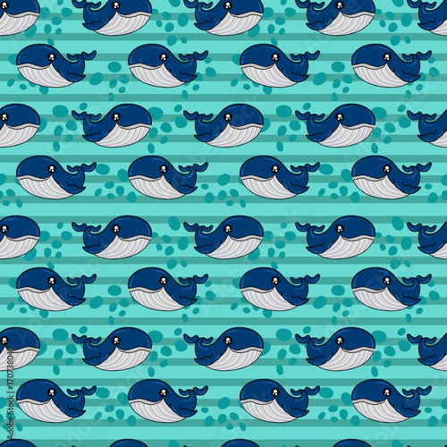 Cute kids pattern for girls and boys. Colorful whale on the abstract bright background create a fun cartoon drawing.The background is made in dark colors.Urban backdrop for textile and fabric