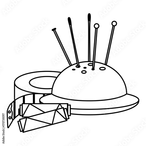 sewing thread tubes with pincushion and tape measure vector illustration design