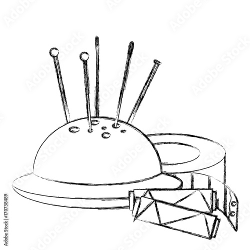 sewing thread tubes with pincushion and tape measure vector illustration design