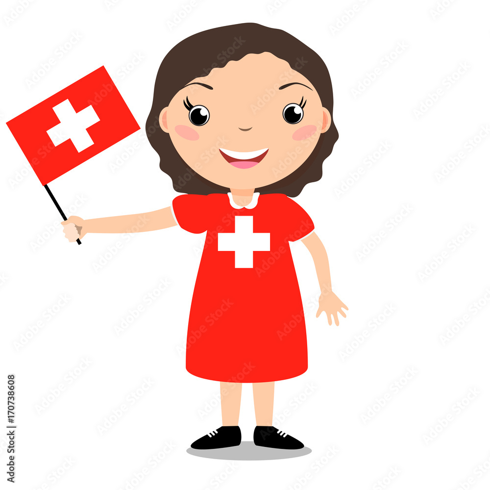 Smiling child, girl, holding a Switzerland flag isolated on white  background. Cartoon mascot. Holiday illustration to the Day of the country,  Independence Day, Flag Day. Stock Vector | Adobe Stock