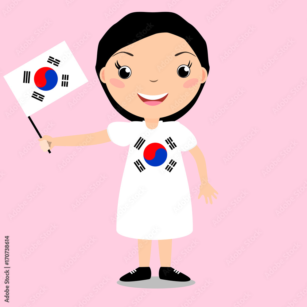 Smiling child, girl, holding a South Korea flag isolated on white  background. Cartoon mascot. Holiday illustration to the Day of the country,  Independence Day, Flag Day. Stock Vector | Adobe Stock