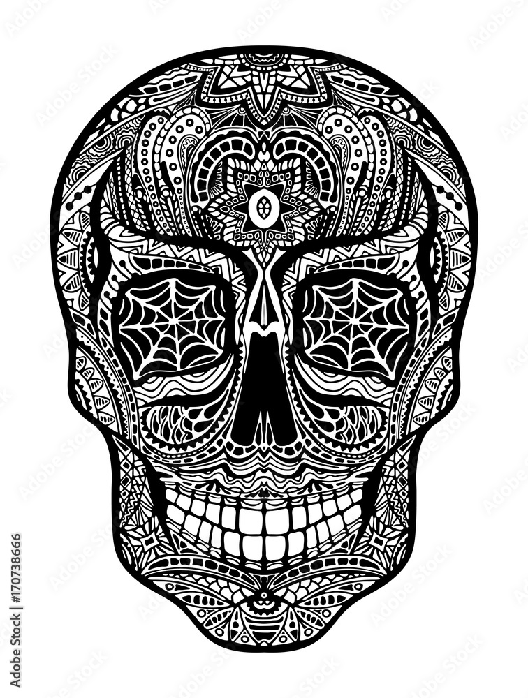 Tattoo skull, black and white illustration on white background, Day of the dead symbol. Tattoo skull, black and white illustration on white background, Day of the dead symbol.
