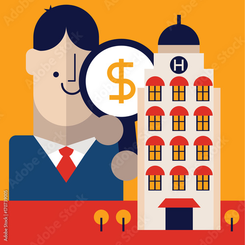 Businessman with Magnifying Glass Watches Hotel 
