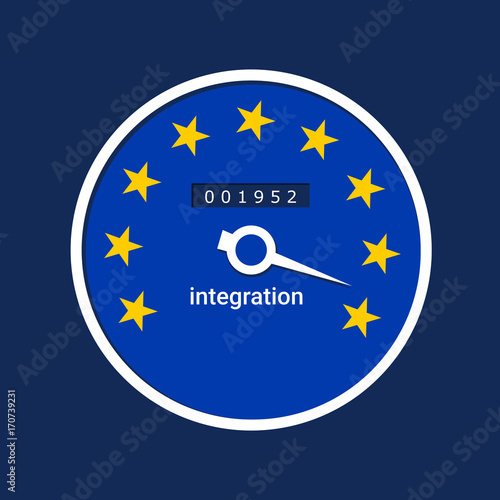 Speedometer and dial in the colors of EU - Successful integration of European union. States integrate and federalise into supranational and international federal federation and alliance