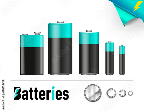 Set of blue realistic indicators of battery level different sizes. Vector illustration  icons
