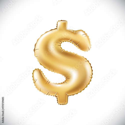 Balloon Dollar currency symbol. Realistic 3D isolated gold helium balloon abc alphabet golden font text. Special sign decoration element for birthday or wedding greeting design on white background