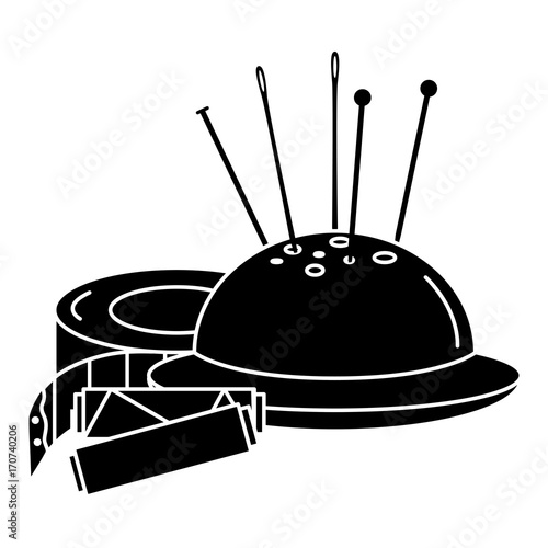 sewing thread tubes with pincushion and tape measure vector illustration design