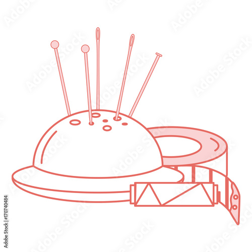 sewing thread tubes with pincushion and tape measure vector illustration design