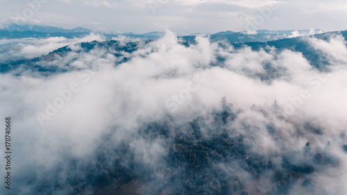 Aerial View of mountains in the morning mist.