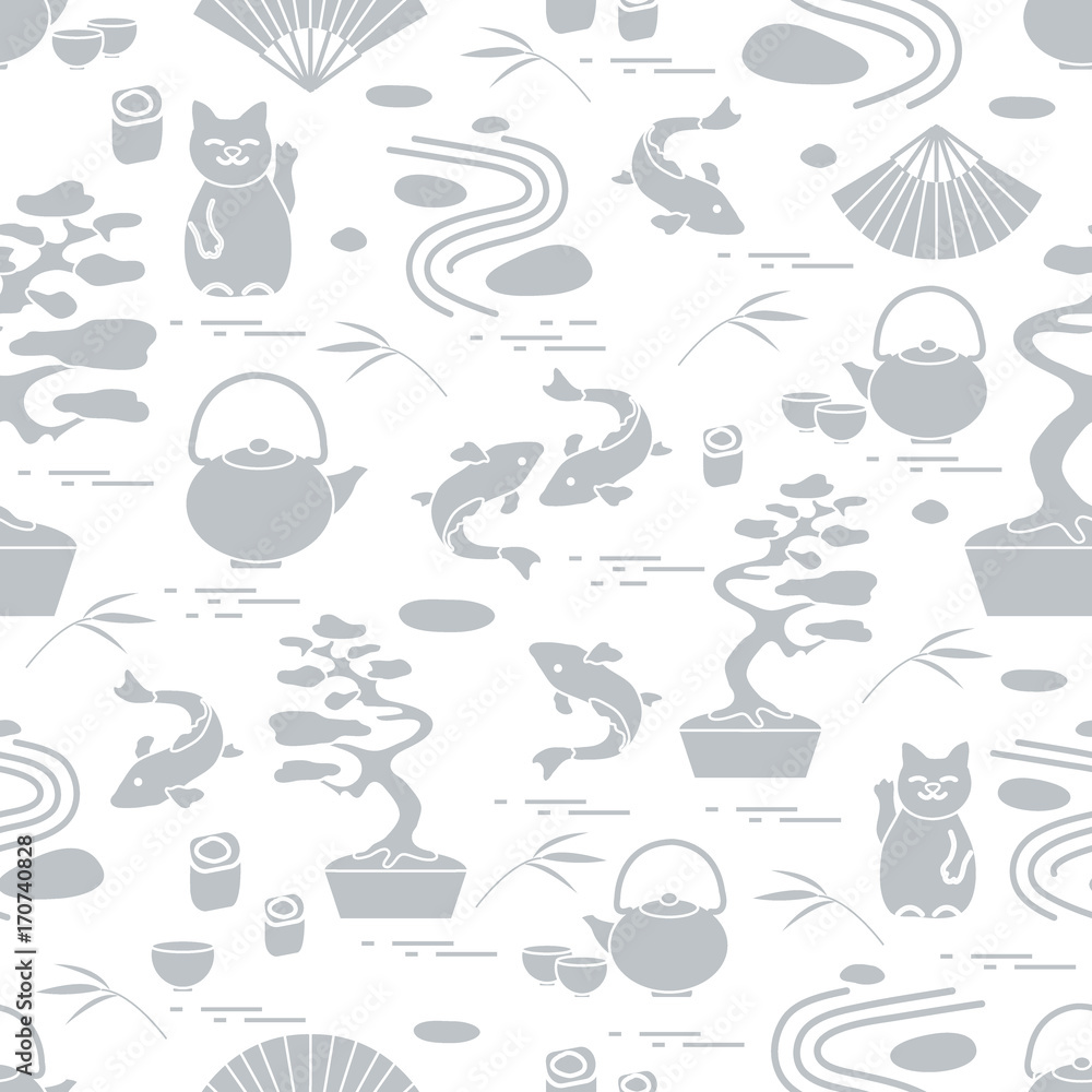 Cute vector pattern with bonsai tree, minimal rock garden, japanese lucky cat Maneki Neko, carp koi and other. Cute vector pattern with bonsai tree, minimal rock garden, japanese lucky cat Maneki Neko, carp koi and other.