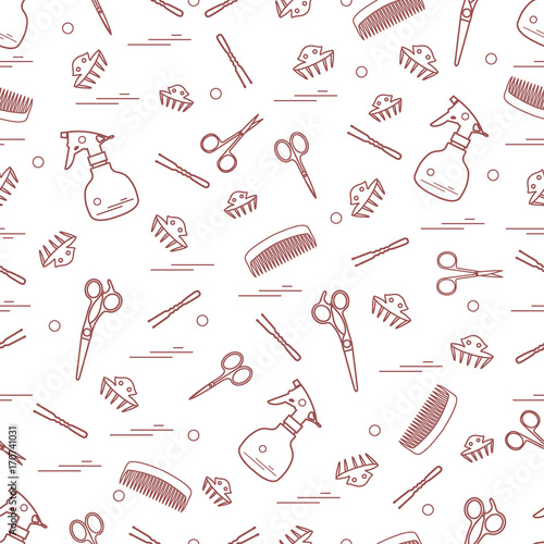 Cute pattern of scissors, combs, hairclip, hairpins and sprayer. For the provision of hairdressing services.
