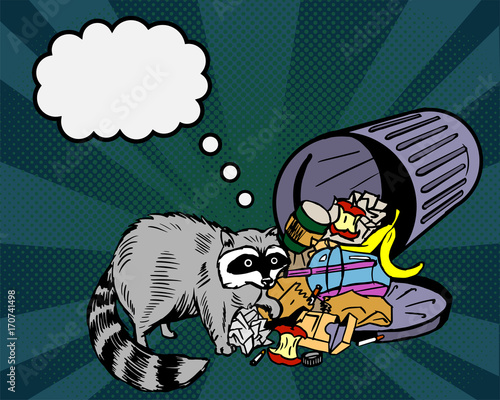 Obraz na plátně Raccoon eats from the trash and thinks about