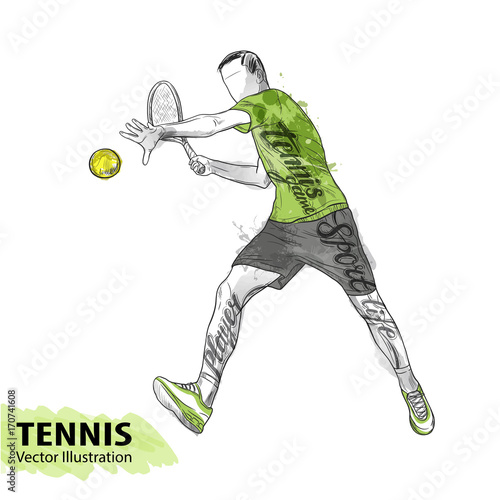 Hand sketch of American tennis player. Vector sport illustration. Watercolor silhouette of the athlete with thematic words. Text graphics, lettering. Active people. Recreation lifestyle.