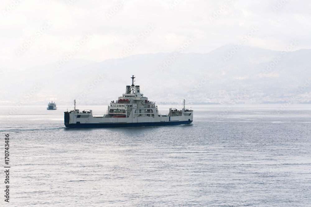 Ship in Strait of Messina, Mediterranean Sea, Italy, Calabria
