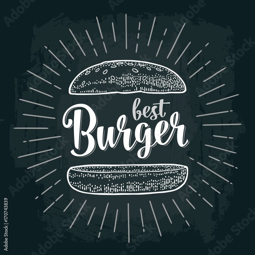 Best burger lettering with rays and vintage illustration bun.