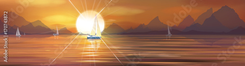 Vector sunset sea and yachts.