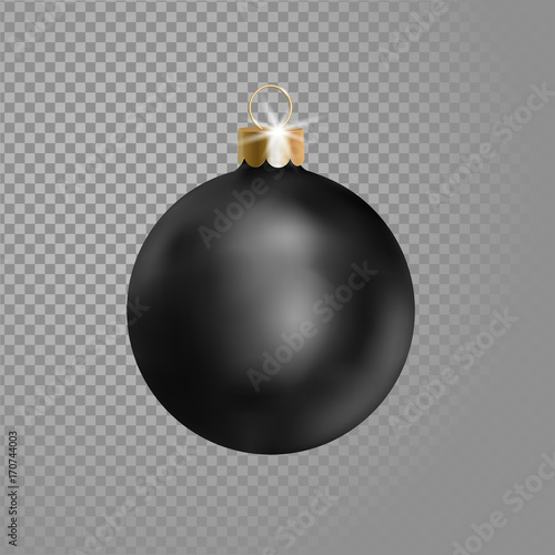 Fototapeta Naklejka Na Ścianę i Meble -  Matted black Christmas ball tree decoration. 3d realistic isolated on transparent background design element. New Year round adornment golden metallic hanging vector illustration.