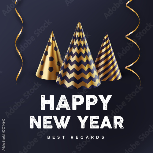 Party hat or abstract Christmas tree and streamers vector template for party banner or happy birthday greeting card. Holiday background