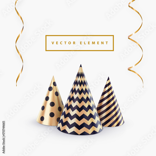 Party hat or abstract Christmas tree and streamers vector template for Christmas party banner or happy birthday greeting card. Holiday background